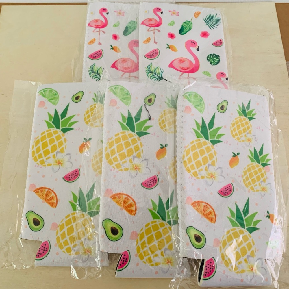 Tropical Flamingo and Pineapple koozies set of 5